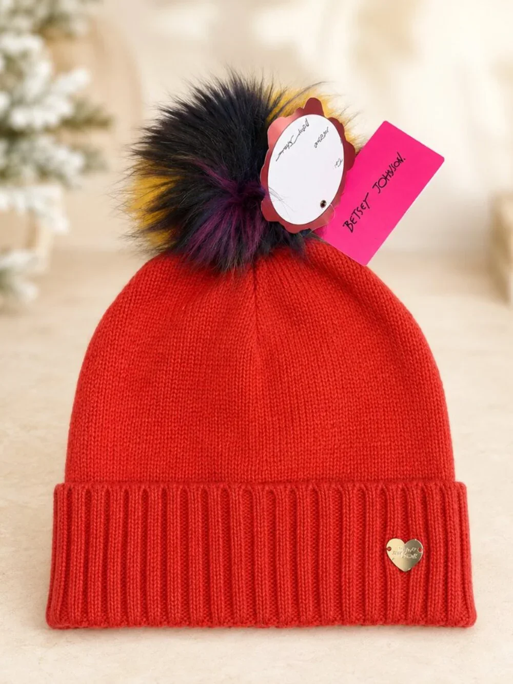 Betsey Johnson Red Knit Beanie Multicolor Faux Fur Pom Pom Hat NWT